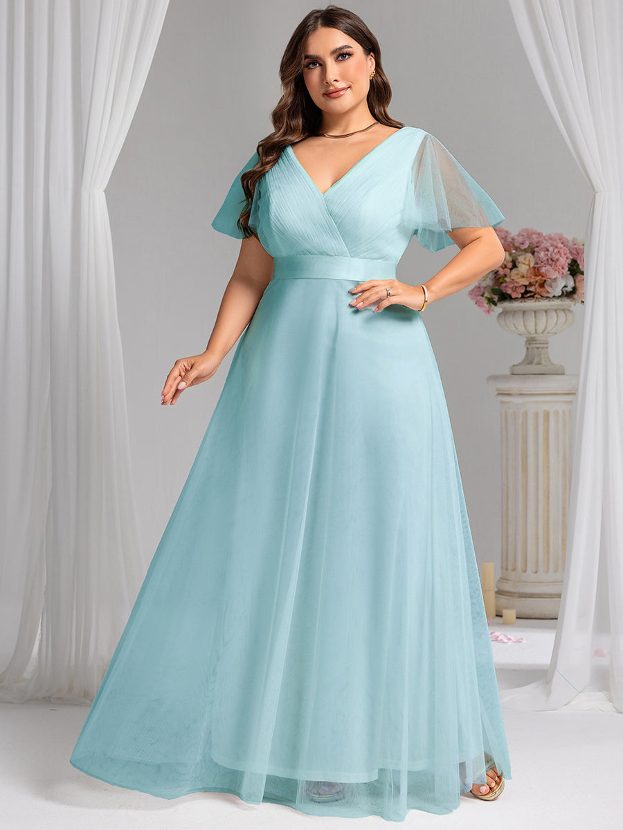 pretty MISTE|Women's Floor-Length Plus Size Formal Bridesmaid Dress with Short Sleeve
