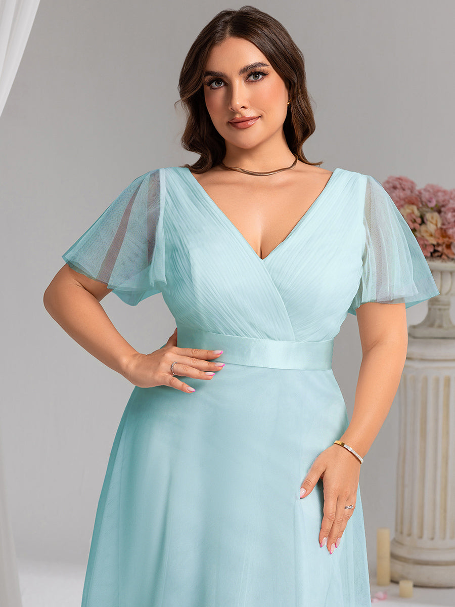 pretty MISTE|Women's Floor-Length Plus Size Formal Bridesmaid Dress with Short Sleeve