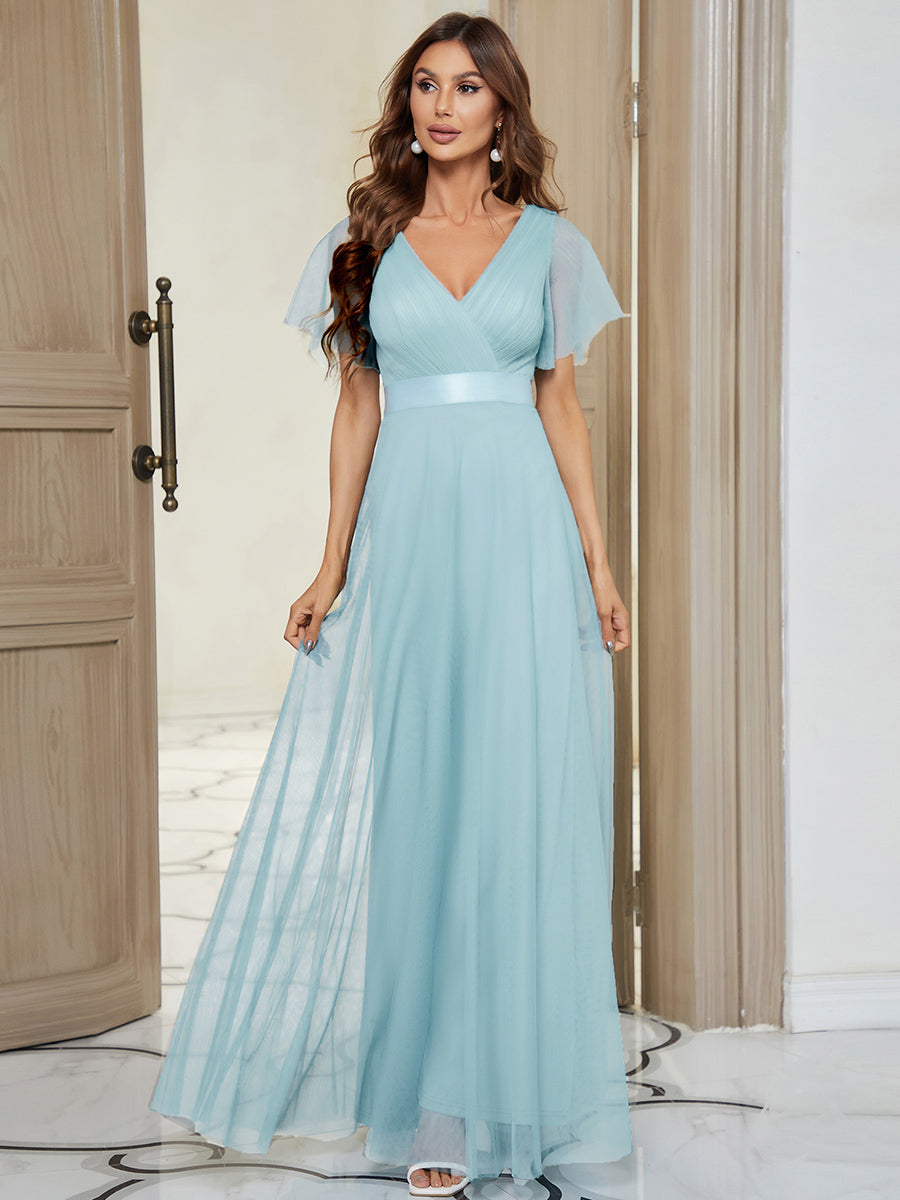MISTE|Double V-Neck Floor-Length Short Sleeve Tulle Bridesmaid Dresses