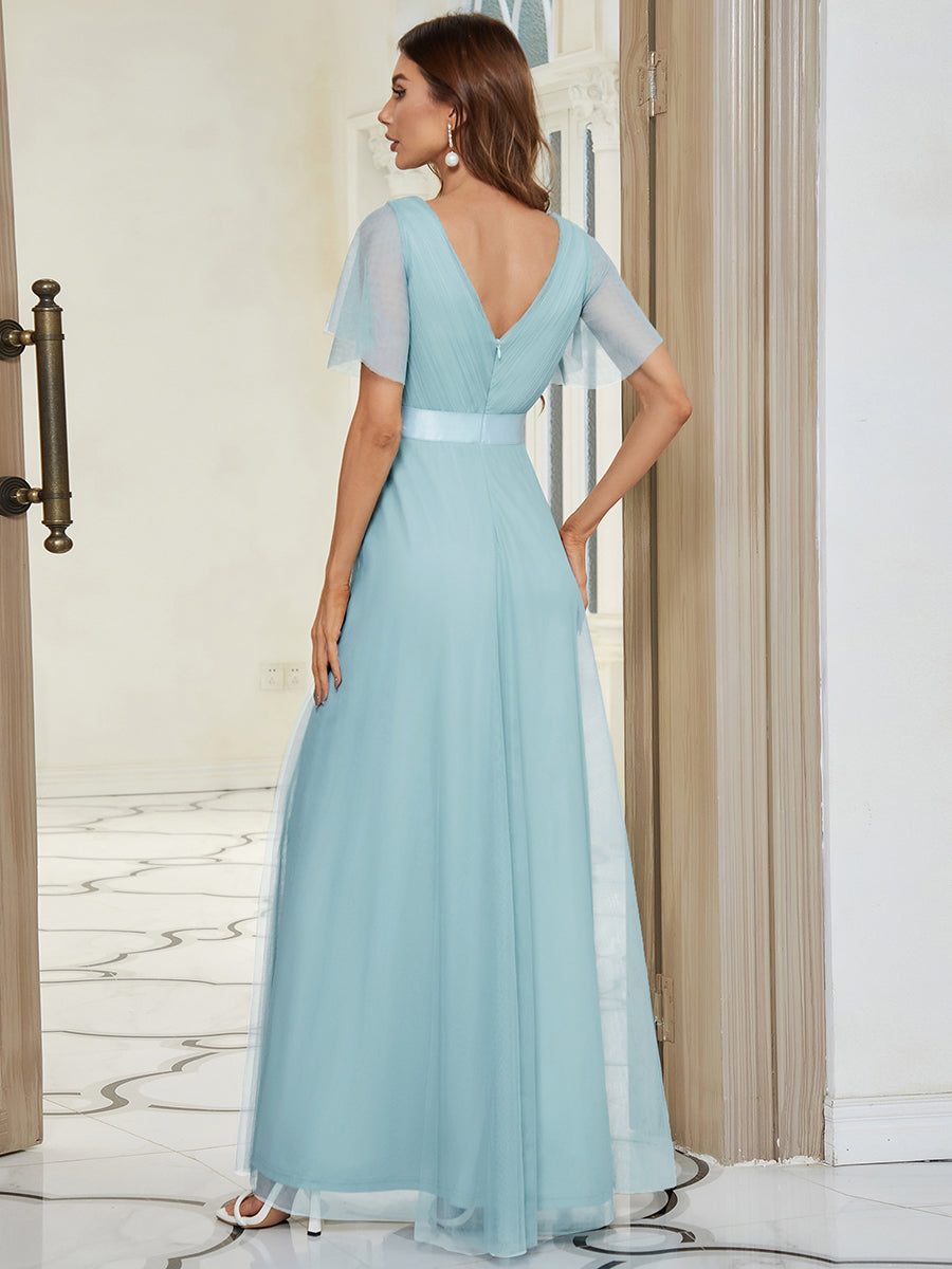 MISTE|Double V-Neck Floor-Length Short Sleeve Tulle Bridesmaid Dresses