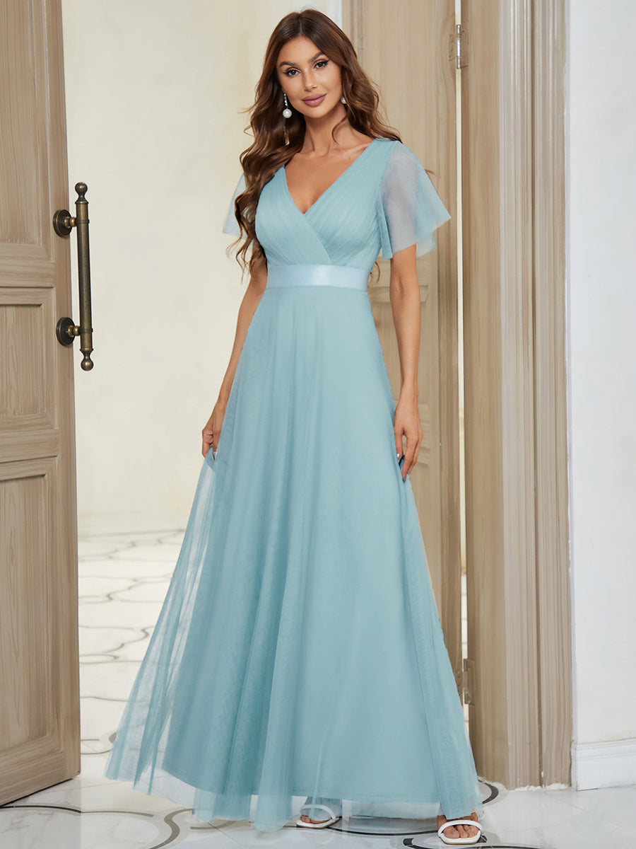 MISTE|Double V-Neck Floor-Length Short Sleeve Tulle Bridesmaid Dresses