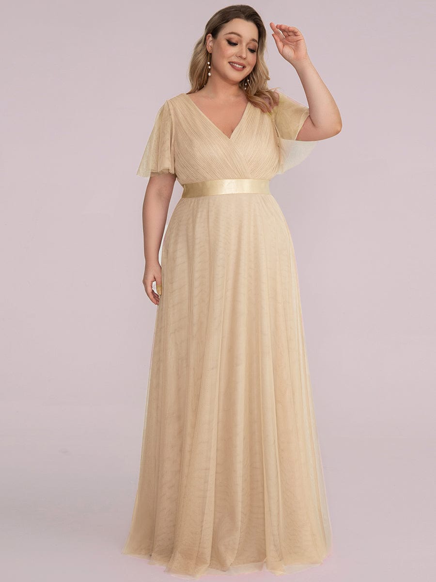 MISTE|Double V-Neck Floor-Length Short Sleeve Tulle Bridesmaid Dresses