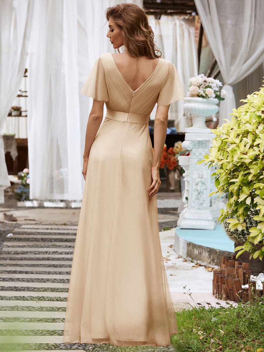 MISTE|Double V-Neck Floor-Length Short Sleeve Tulle Bridesmaid Dresses