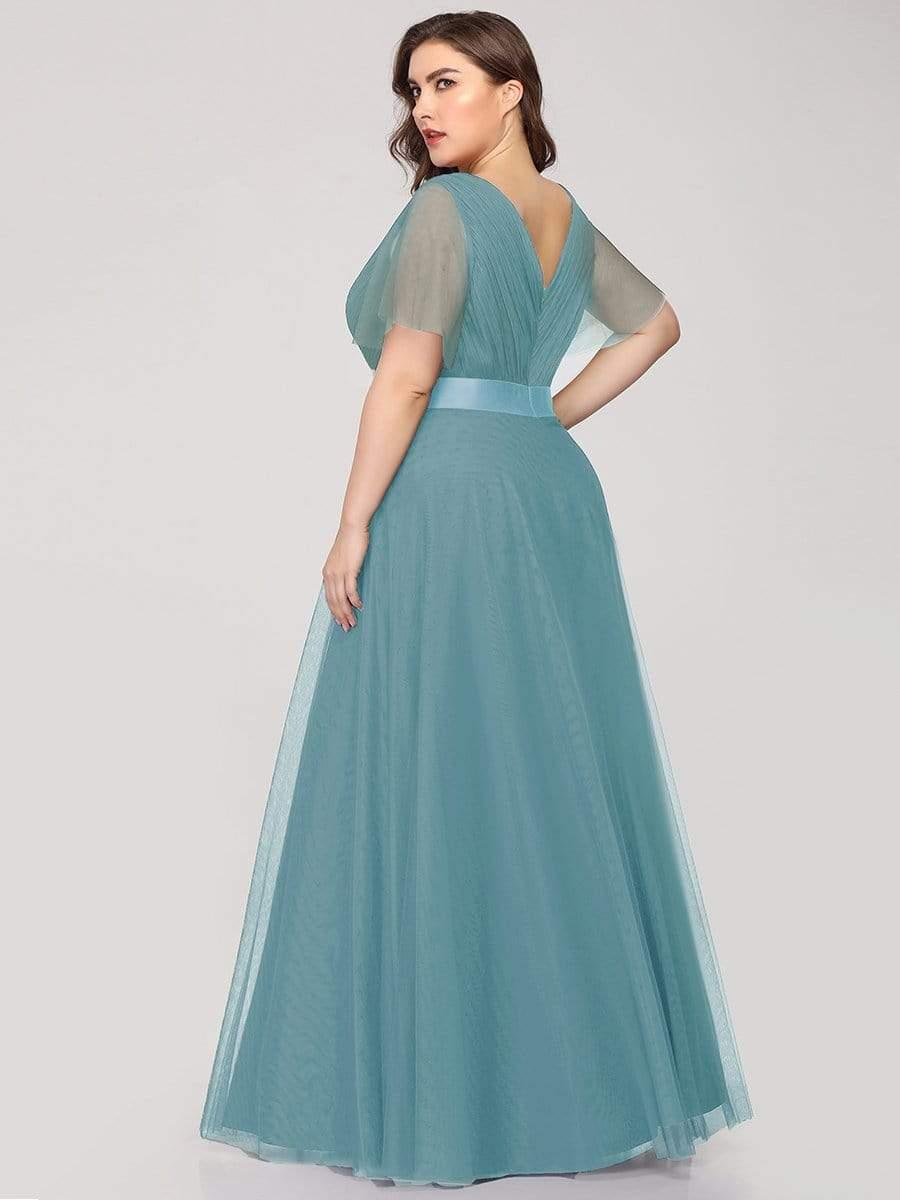 MISTE|Double V-Neck Floor-Length Short Sleeve Tulle Bridesmaid Dresses