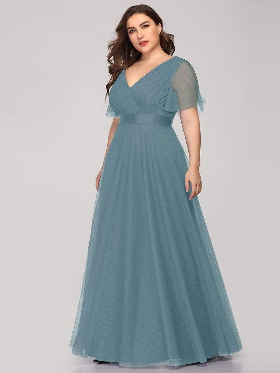 pretty MISTE|Women's Floor-Length Plus Size Formal Bridesmaid Dress with Short Sleeve