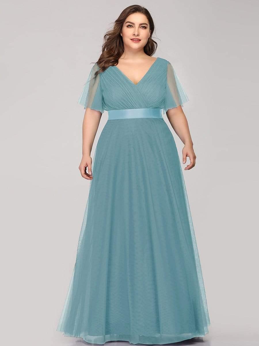 MISTE|Double V-Neck Floor-Length Short Sleeve Tulle Bridesmaid Dresses