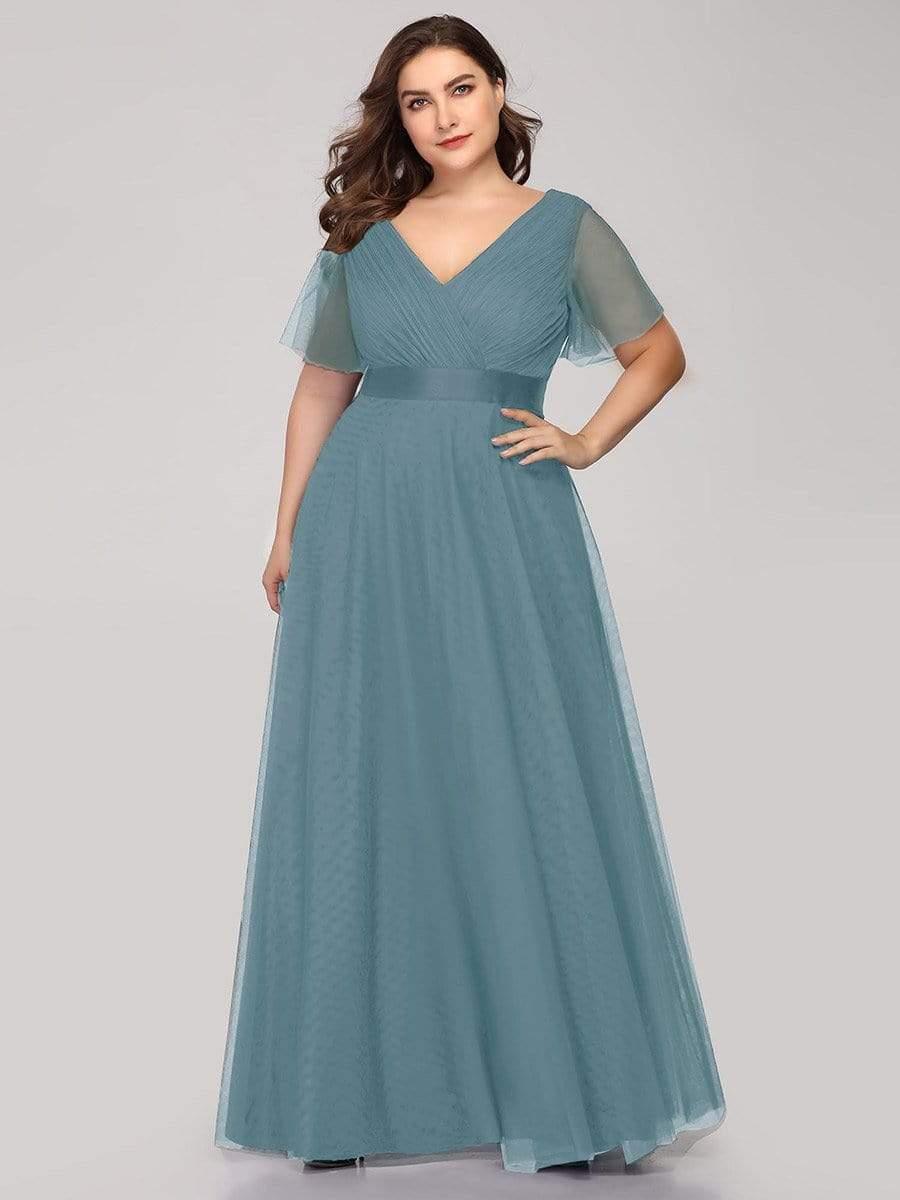 pretty MISTE|Women's Floor-Length Plus Size Formal Bridesmaid Dress with Short Sleeve