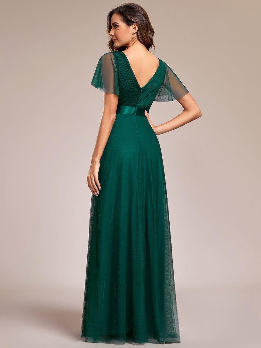 MISTE|Double V-Neck Floor-Length Short Sleeve Tulle Bridesmaid Dresses