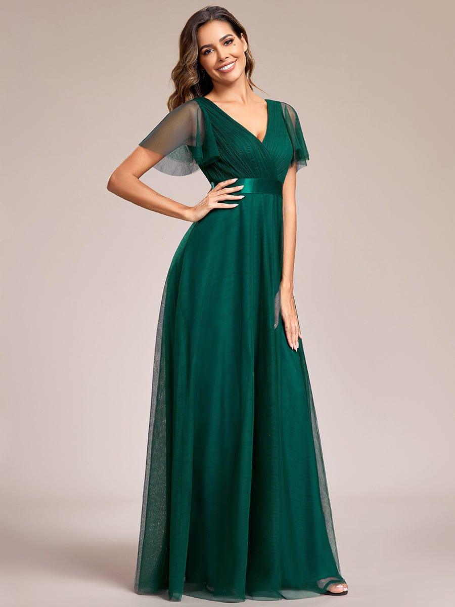 MISTE|Double V-Neck Floor-Length Short Sleeve Tulle Bridesmaid Dresses