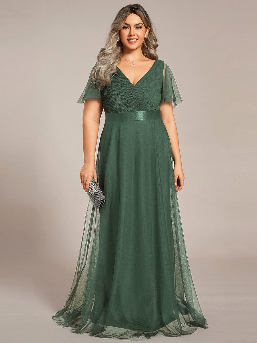 MISTE|Double V-Neck Floor-Length Short Sleeve Tulle Bridesmaid Dresses