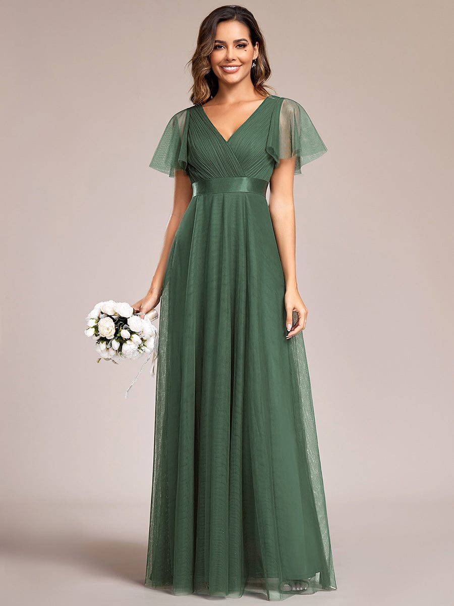 MISTE|Double V-Neck Floor-Length Short Sleeve Tulle Bridesmaid Dresses