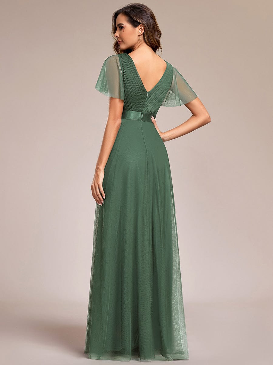 MISTE|Double V-Neck Floor-Length Short Sleeve Tulle Bridesmaid Dresses