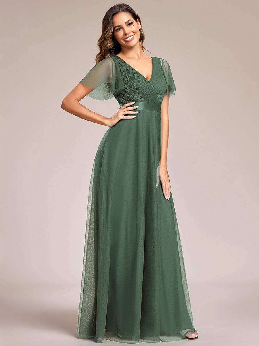 MISTE|Double V-Neck Floor-Length Short Sleeve Tulle Bridesmaid Dresses