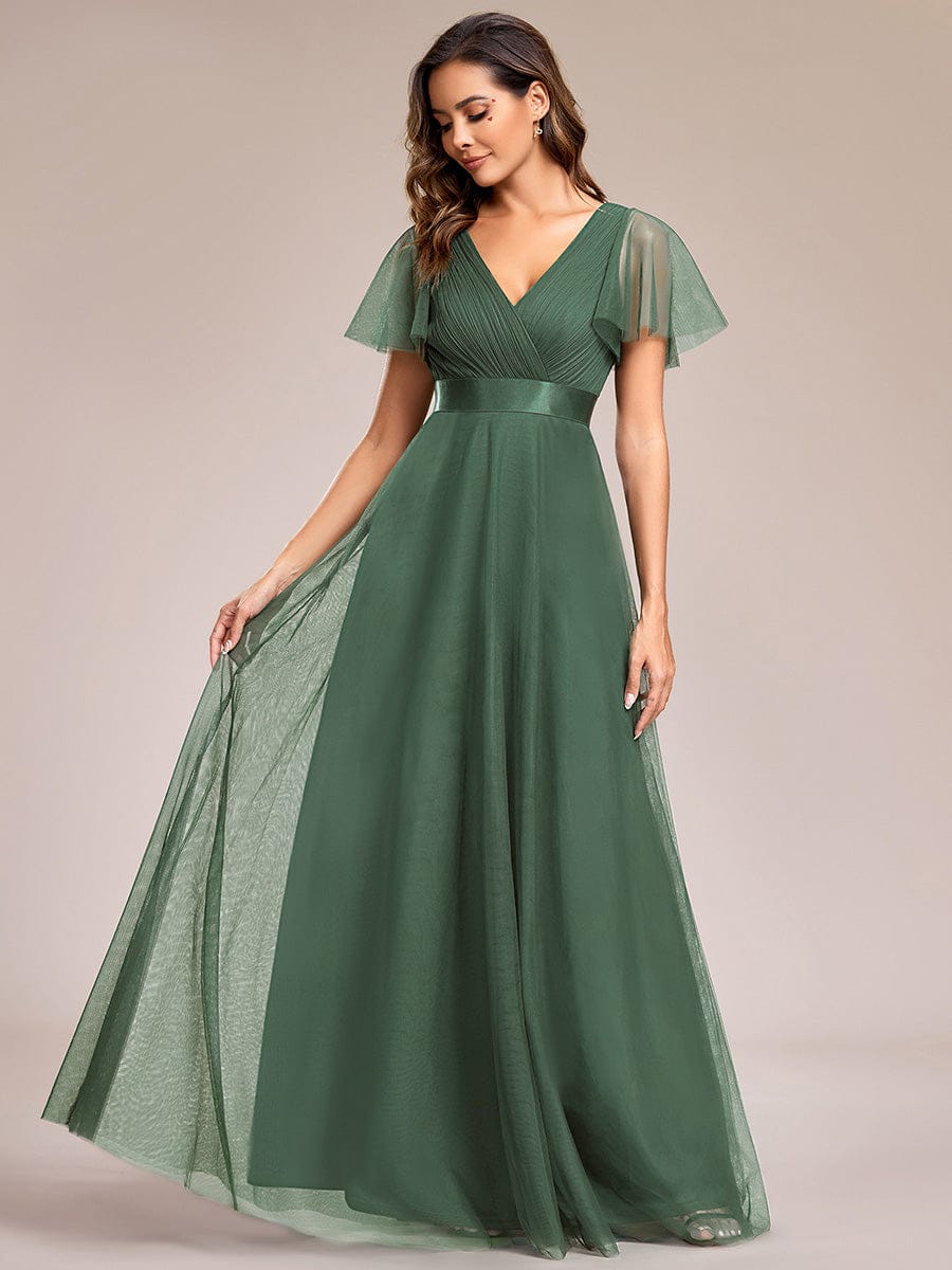 MISTE|Double V-Neck Floor-Length Short Sleeve Tulle Bridesmaid Dresses