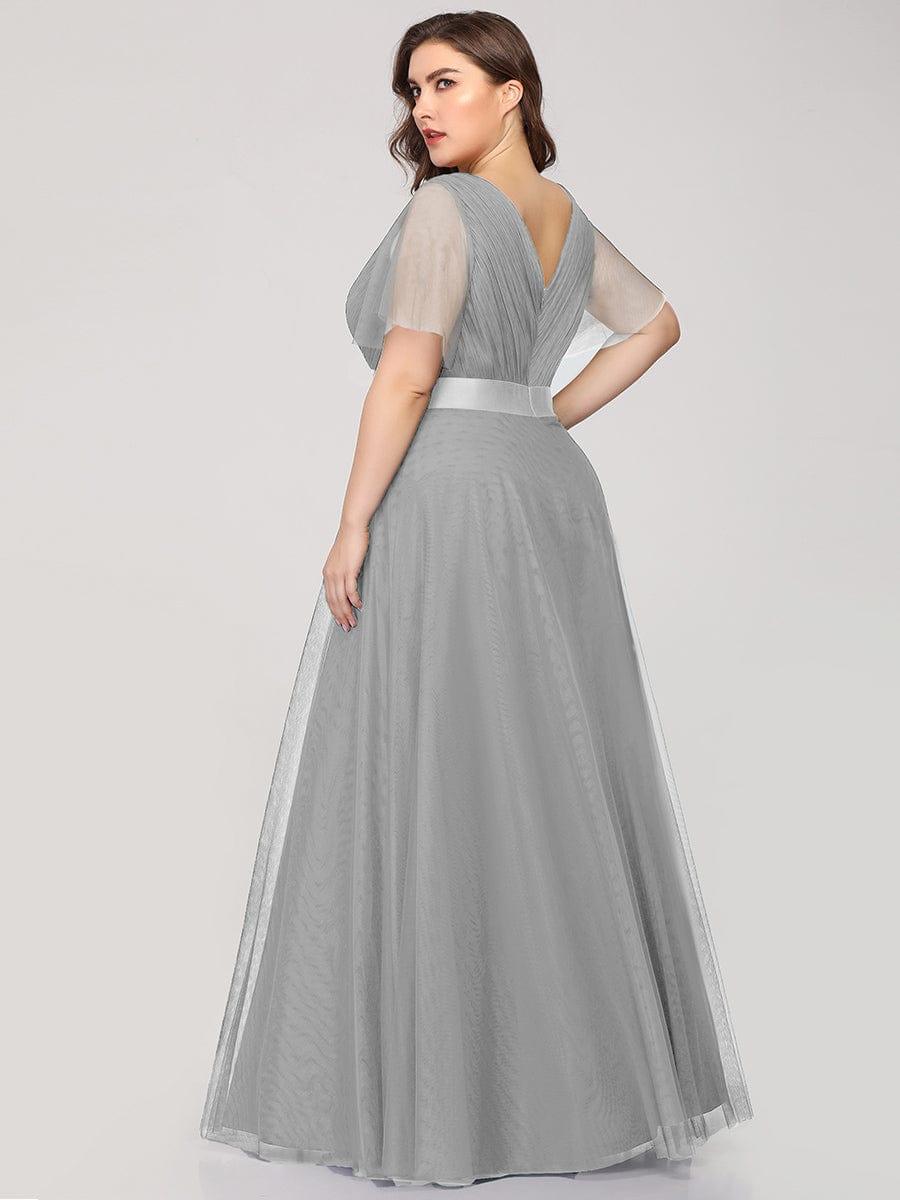 MISTE|Double V-Neck Floor-Length Short Sleeve Tulle Bridesmaid Dresses