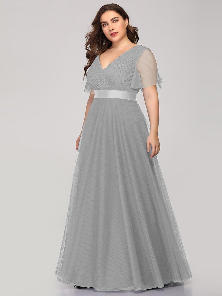 MISTE|Double V-Neck Floor-Length Short Sleeve Tulle Bridesmaid Dresses