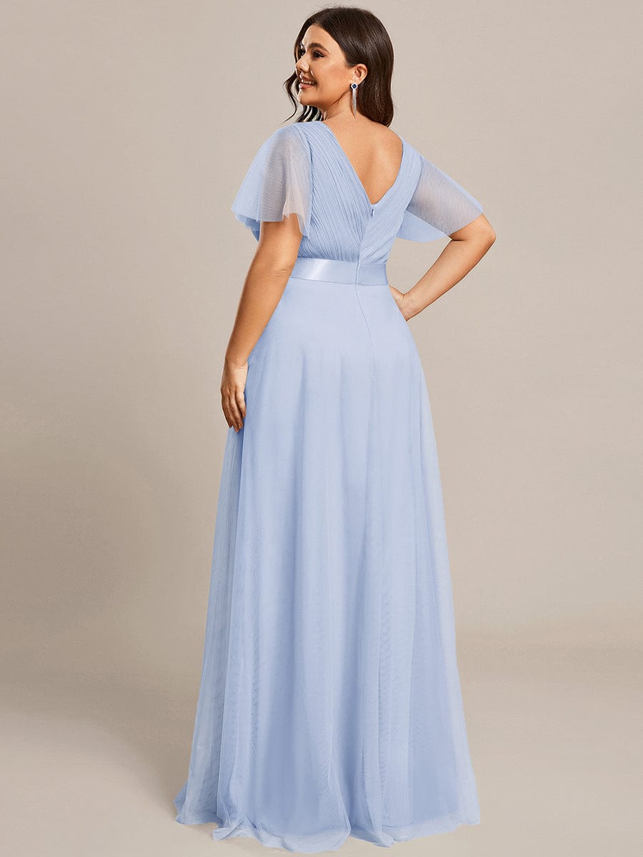 MISTE|Double V-Neck Floor-Length Short Sleeve Tulle Bridesmaid Dresses
