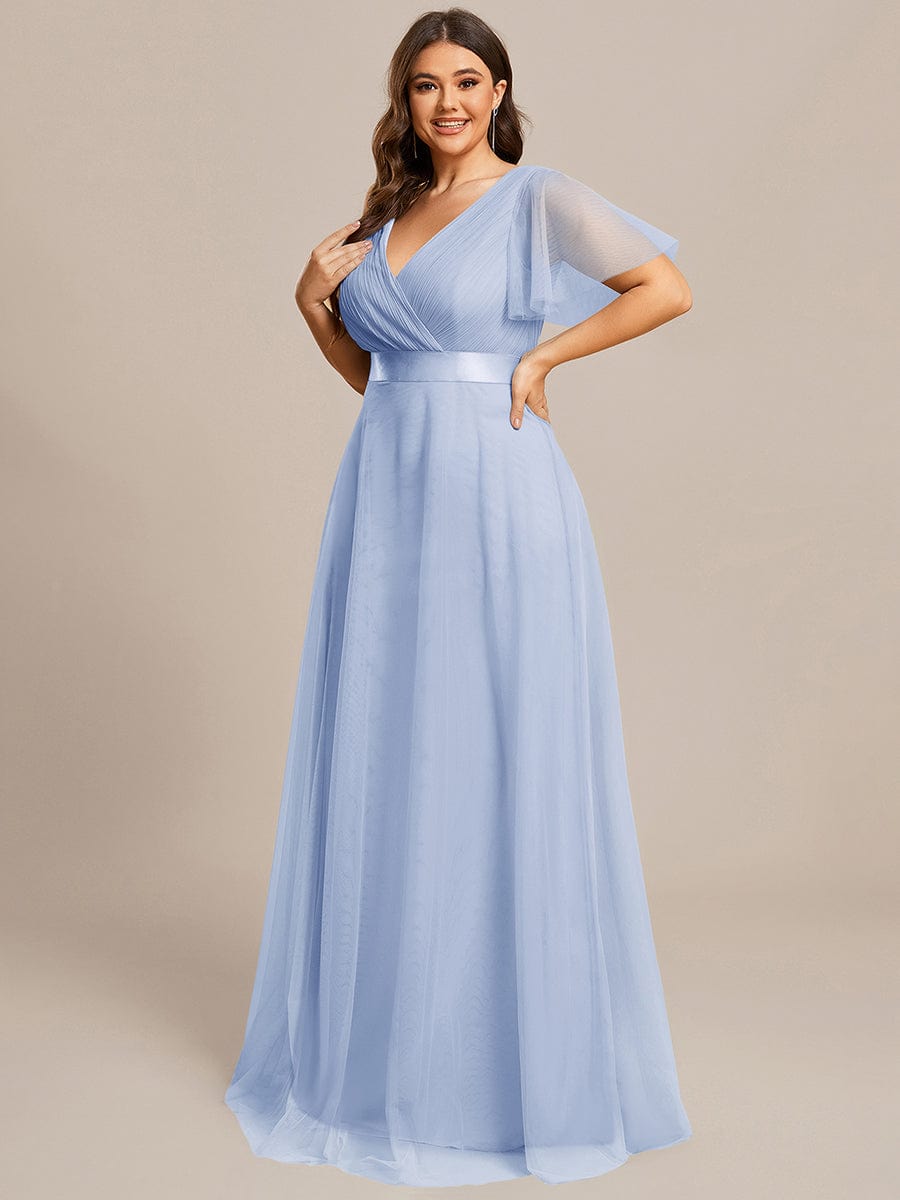 MISTE|Double V-Neck Floor-Length Short Sleeve Tulle Bridesmaid Dresses