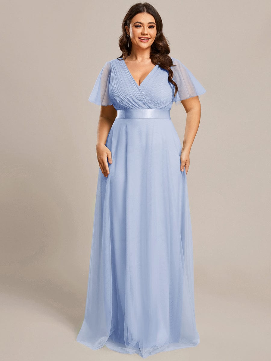 MISTE|Double V-Neck Floor-Length Short Sleeve Tulle Bridesmaid Dresses