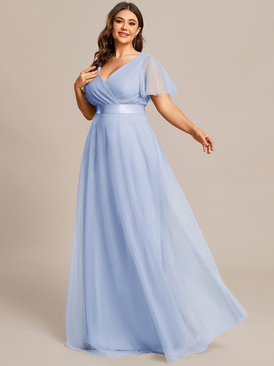MISTE|Double V-Neck Floor-Length Short Sleeve Tulle Bridesmaid Dresses