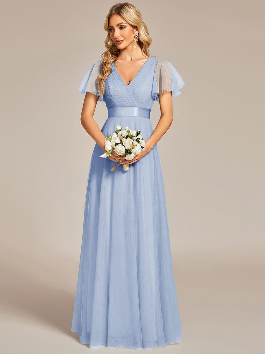 MISTE|Double V-Neck Floor-Length Short Sleeve Tulle Bridesmaid Dresses