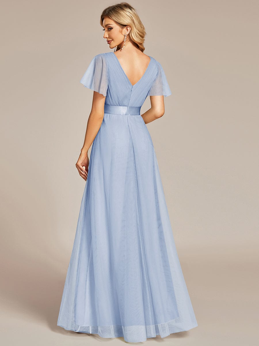MISTE|Double V-Neck Floor-Length Short Sleeve Tulle Bridesmaid Dresses