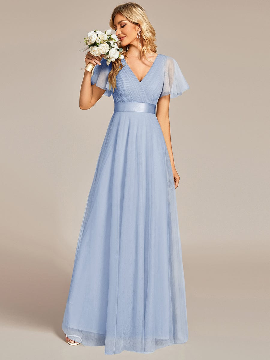 MISTE|Double V-Neck Floor-Length Short Sleeve Tulle Bridesmaid Dresses