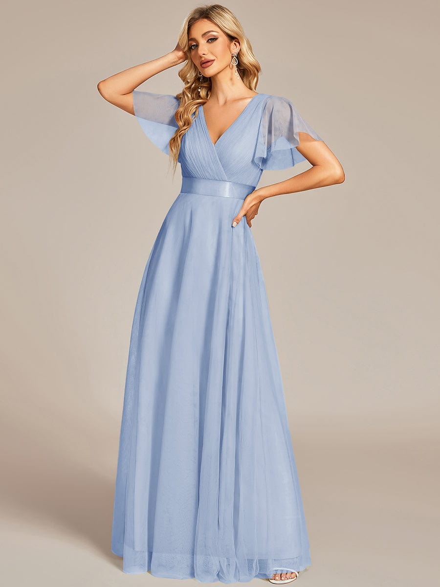 MISTE|Double V-Neck Floor-Length Short Sleeve Tulle Bridesmaid Dresses