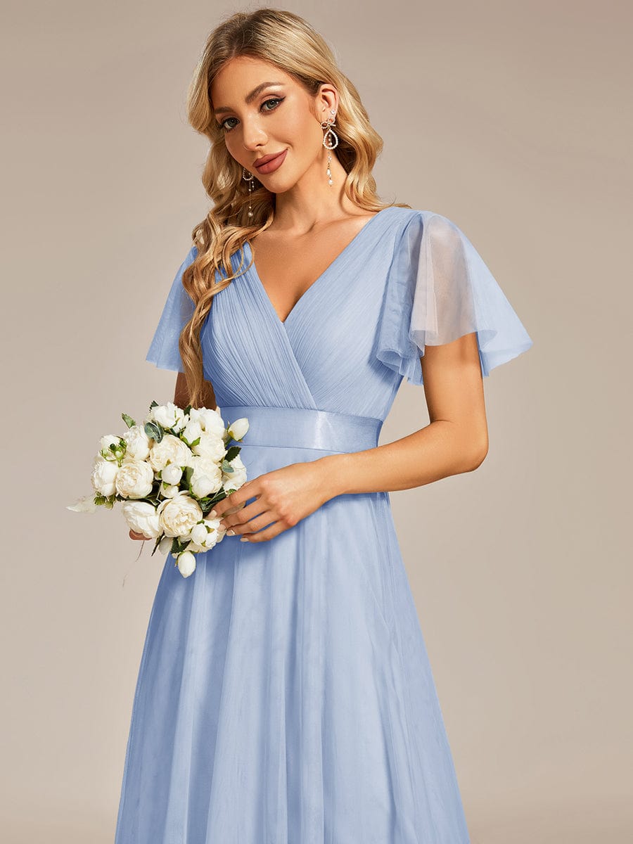 MISTE|Double V-Neck Floor-Length Short Sleeve Tulle Bridesmaid Dresses