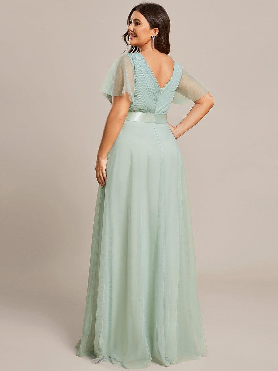 MISTE|Double V-Neck Floor-Length Short Sleeve Tulle Bridesmaid Dresses