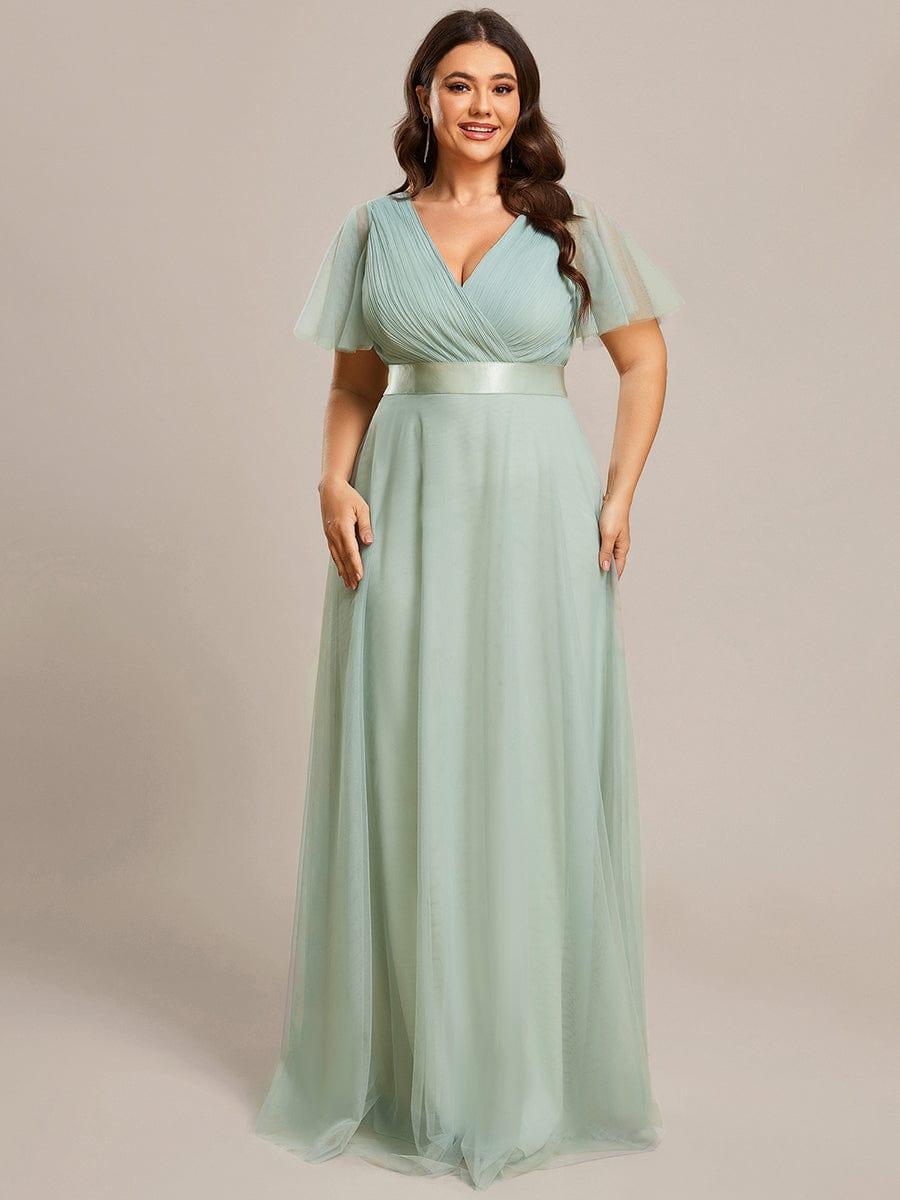 MISTE|Double V-Neck Floor-Length Short Sleeve Tulle Bridesmaid Dresses