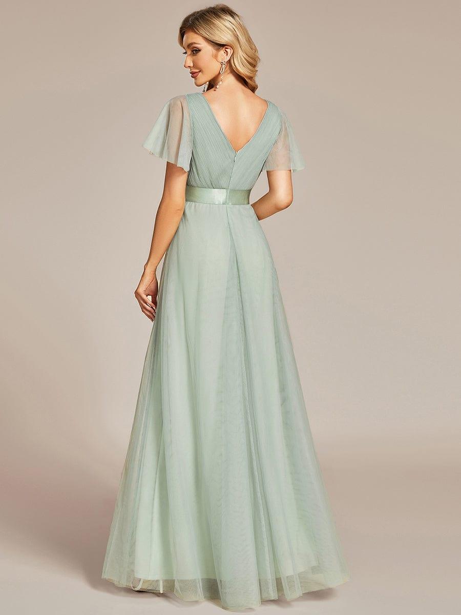 MISTE|Double V-Neck Floor-Length Short Sleeve Tulle Bridesmaid Dresses