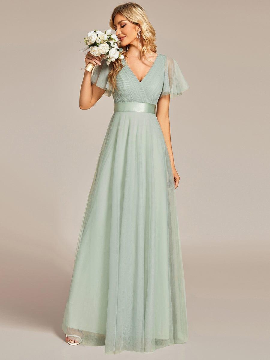 MISTE|Double V-Neck Floor-Length Short Sleeve Tulle Bridesmaid Dresses