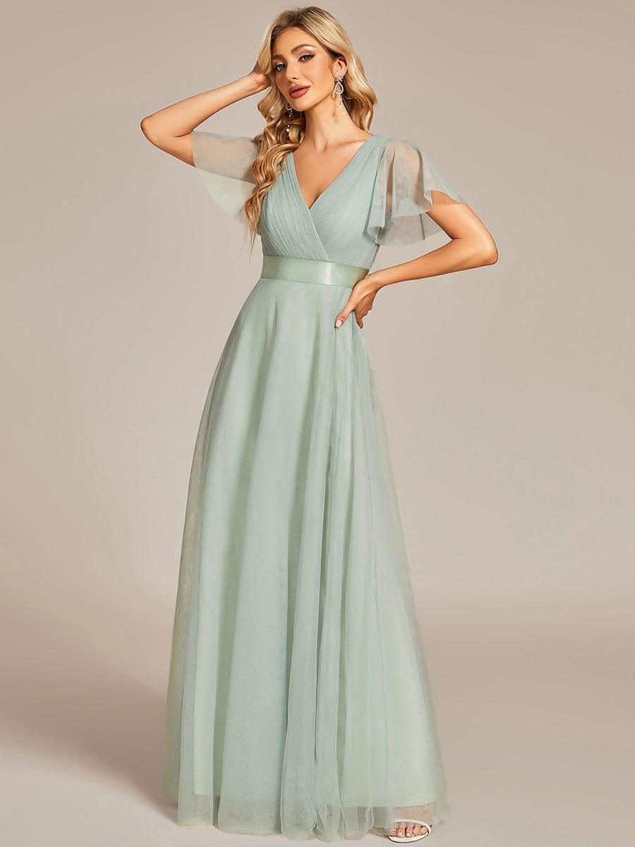 MISTE|Double V-Neck Floor-Length Short Sleeve Tulle Bridesmaid Dresses