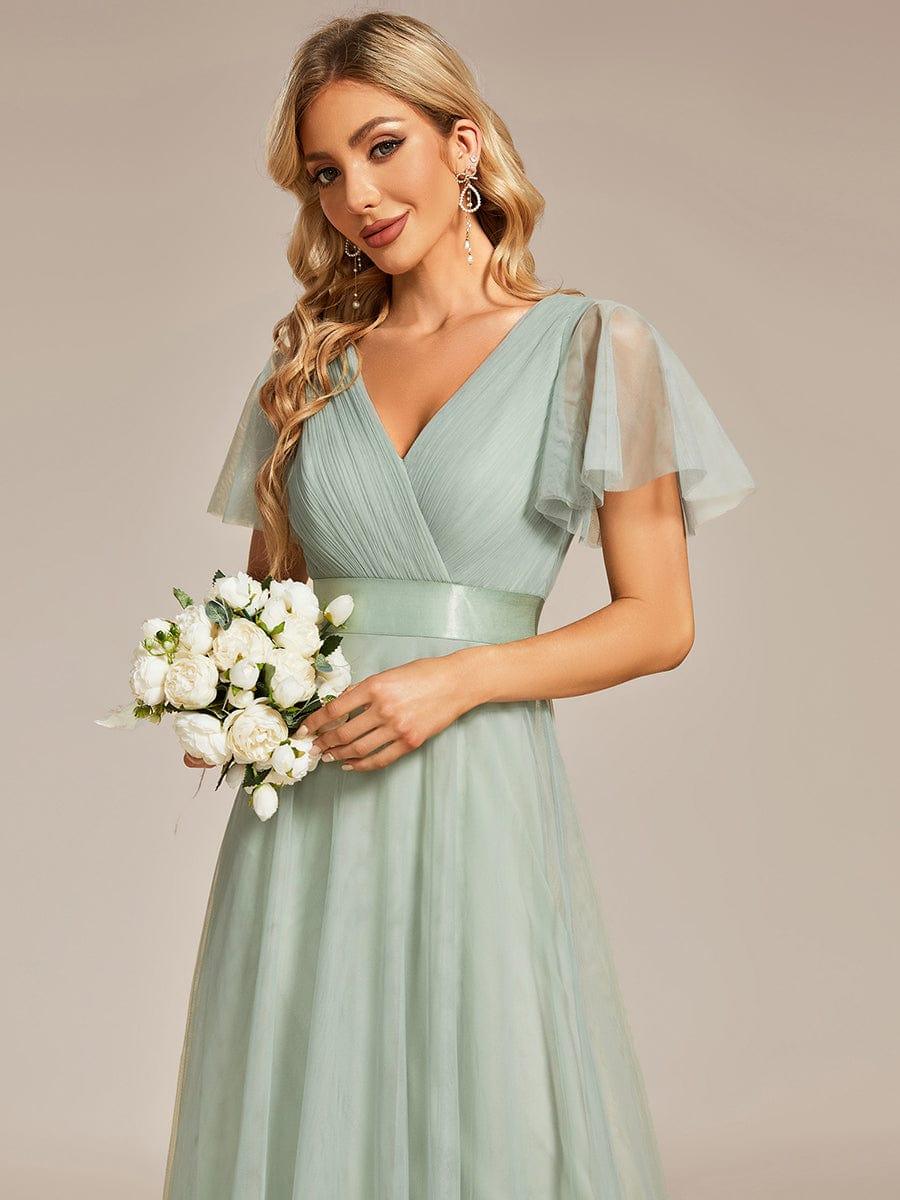 MISTE|Double V-Neck Floor-Length Short Sleeve Tulle Bridesmaid Dresses