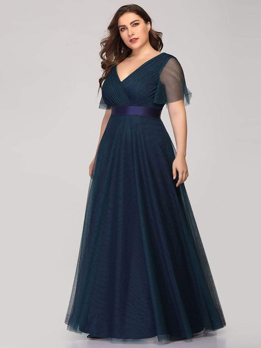 pretty MISTE|Women's Floor-Length Plus Size Formal Bridesmaid Dress with Short Sleeve