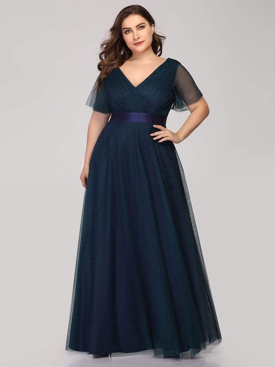 pretty MISTE|Women's Floor-Length Plus Size Formal Bridesmaid Dress with Short Sleeve