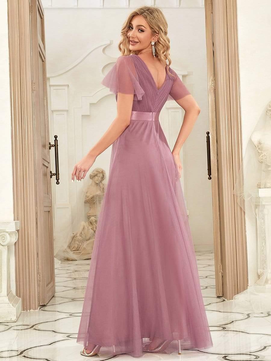 MISTE|Double V-Neck Floor-Length Short Sleeve Tulle Bridesmaid Dresses