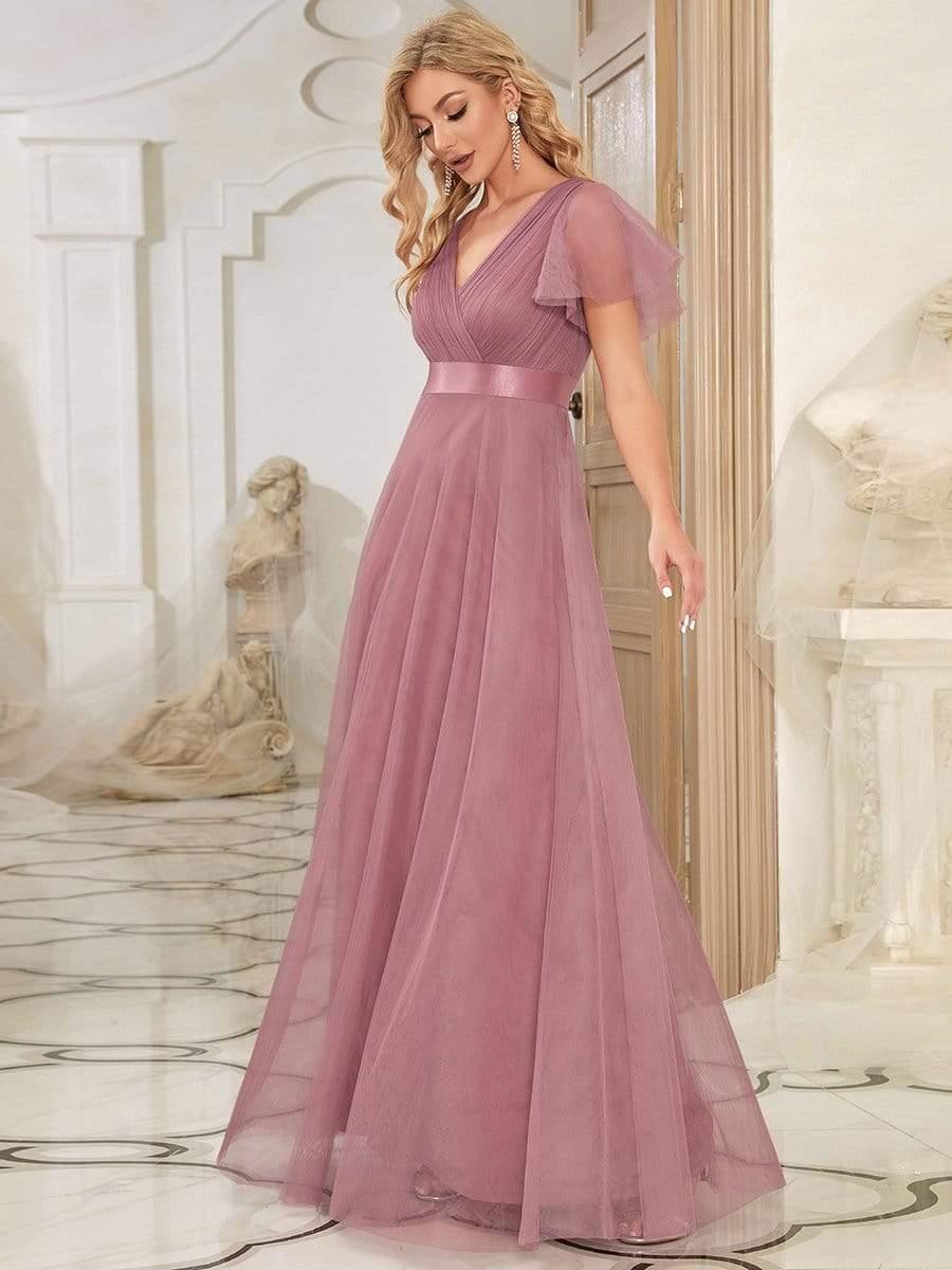 MISTE|Double V-Neck Floor-Length Short Sleeve Tulle Bridesmaid Dresses