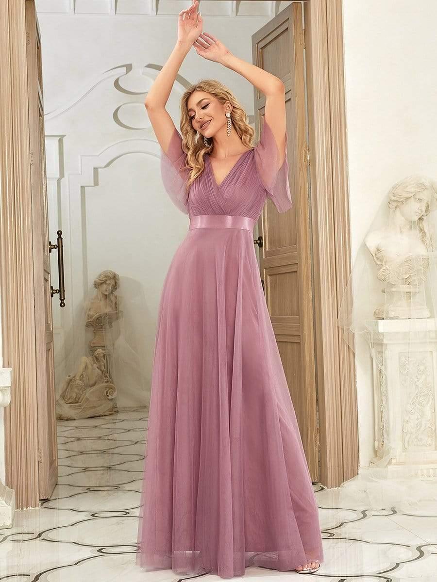 MISTE|Double V-Neck Floor-Length Short Sleeve Tulle Bridesmaid Dresses