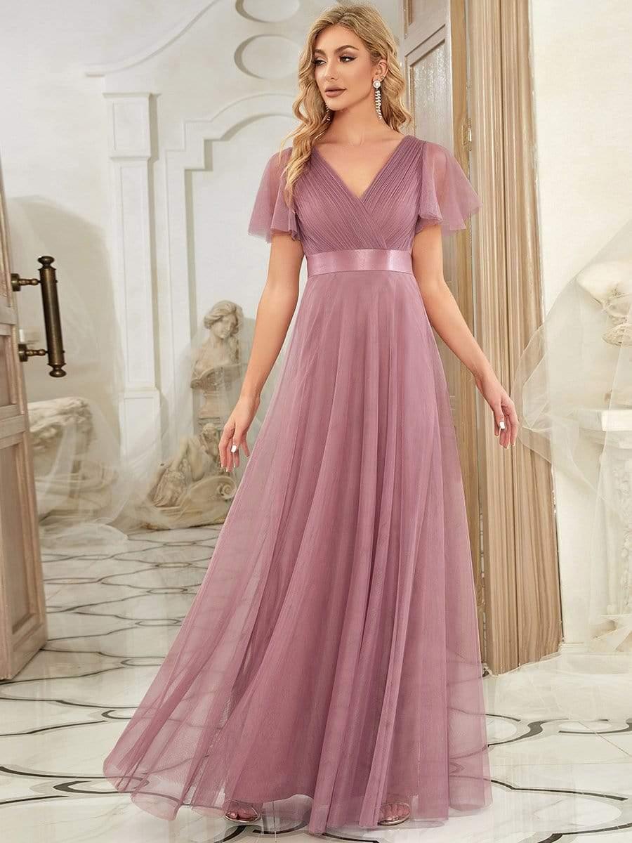 MISTE|Double V-Neck Floor-Length Short Sleeve Tulle Bridesmaid Dresses