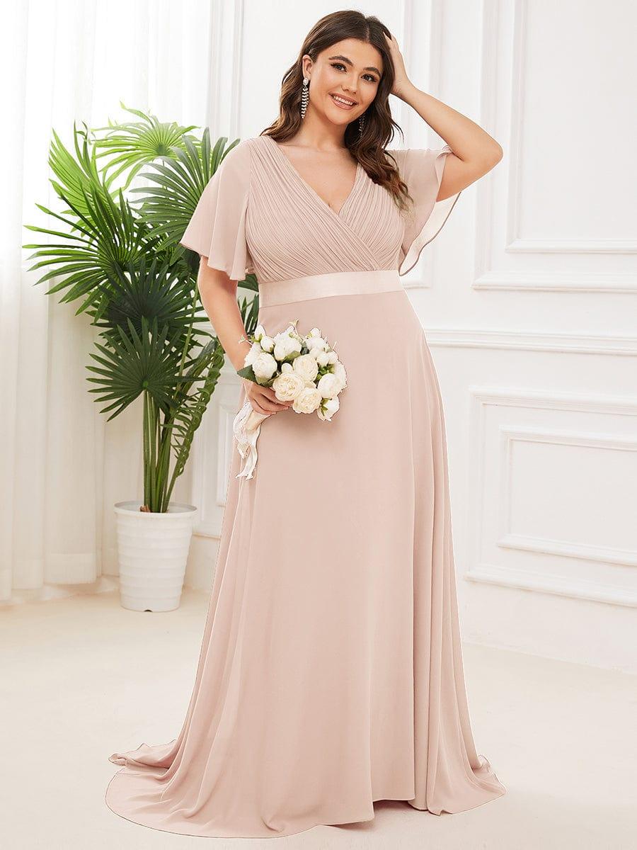 pretty MONICA|Plus Size Empire Waist V Back Bridesmaid Dress with Short Sleeves