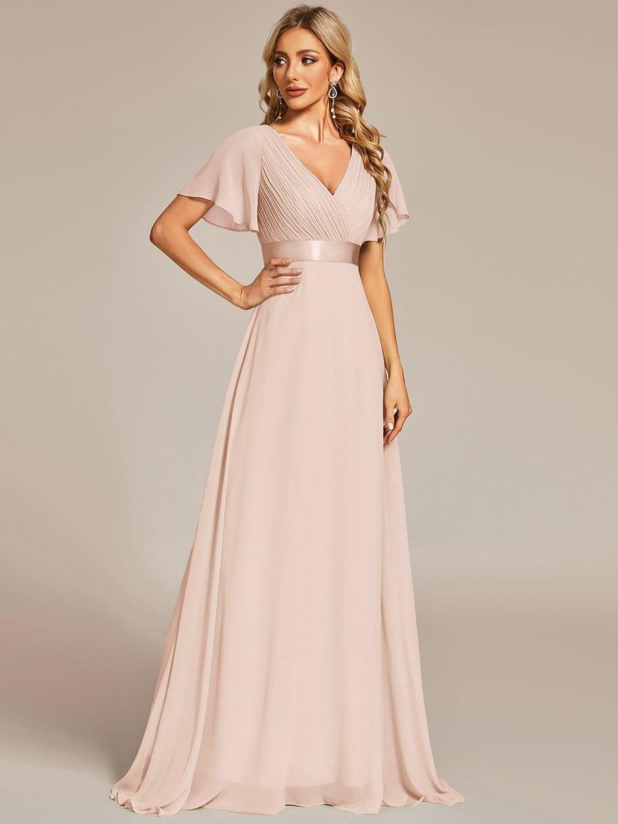 MONICA|Long Empire Waist Bridesmaid Dress with Short Flutter Sleeves