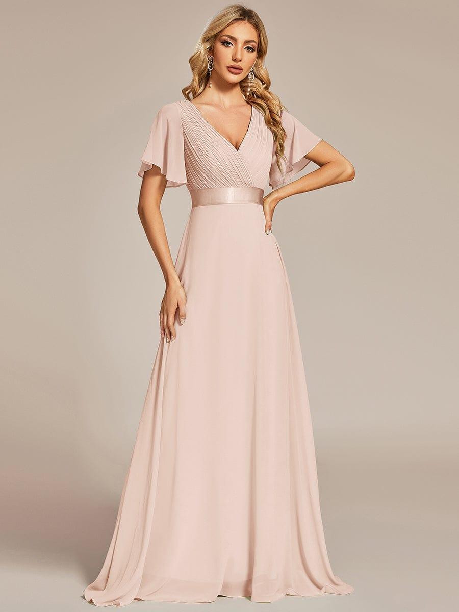 MONICA|Long Empire Waist Bridesmaid Dress with Short Flutter Sleeves