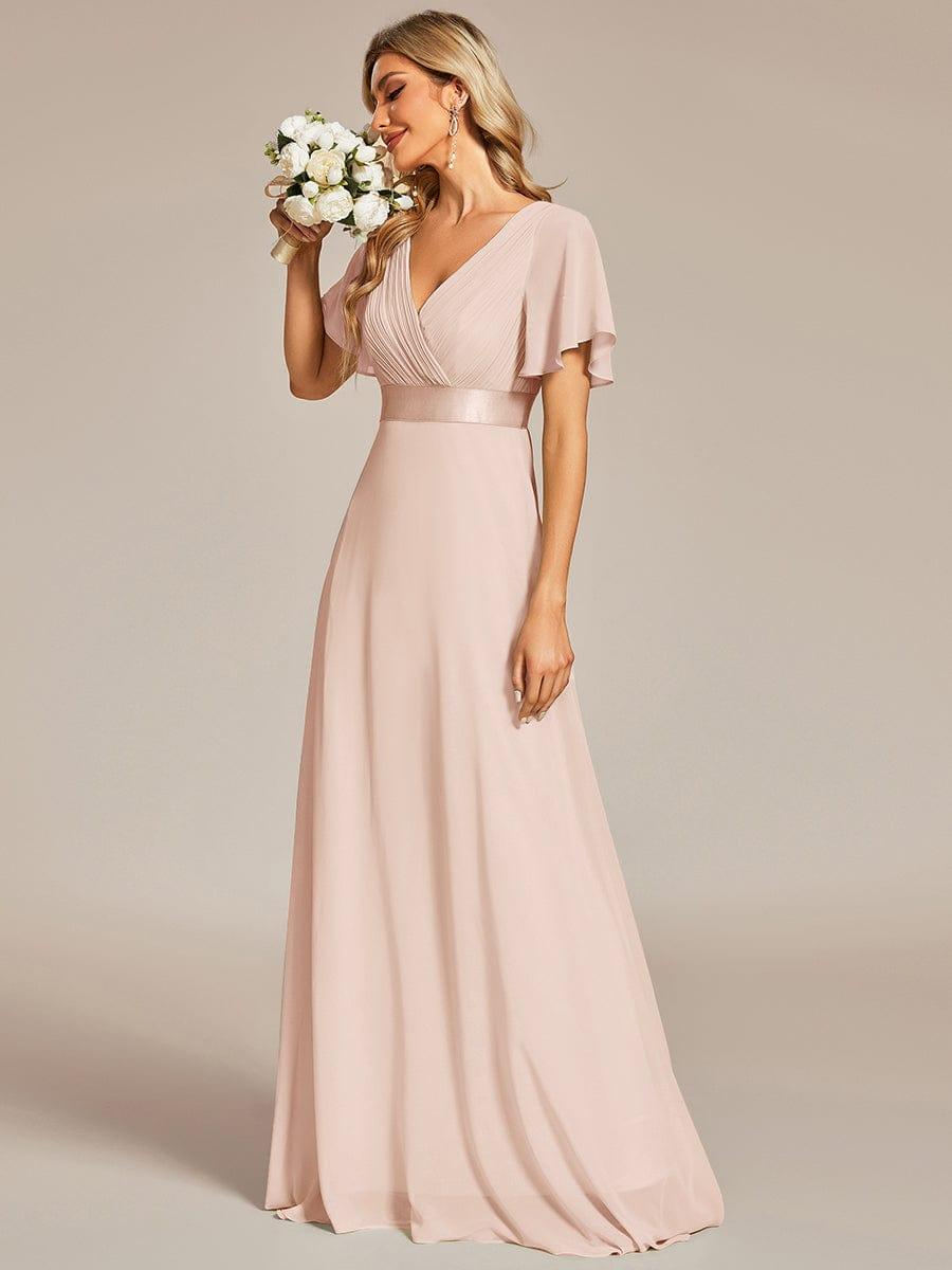 MONICA|Long Empire Waist Bridesmaid Dress with Short Flutter Sleeves