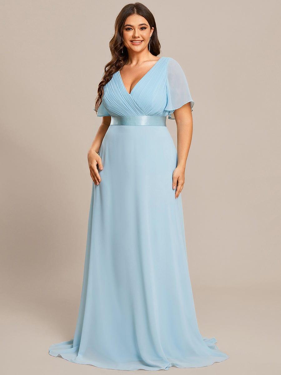 pretty MONICA|Plus Size Empire Waist V Back Bridesmaid Dress with Short Sleeves