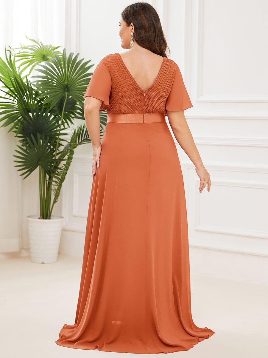 pretty MONICA|Plus Size Empire Waist V Back Bridesmaid Dress with Short Sleeves