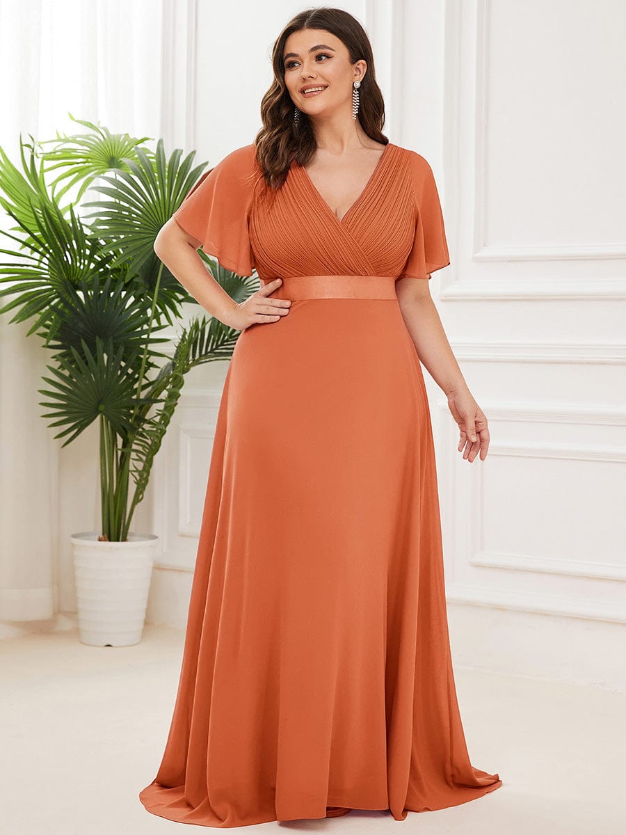 pretty MONICA|Plus Size Empire Waist V Back Bridesmaid Dress with Short Sleeves