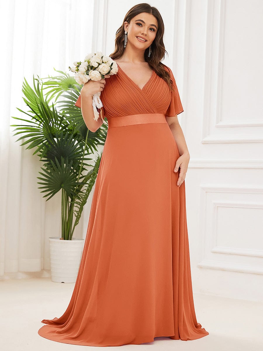 pretty MONICA|Plus Size Empire Waist V Back Bridesmaid Dress with Short Sleeves
