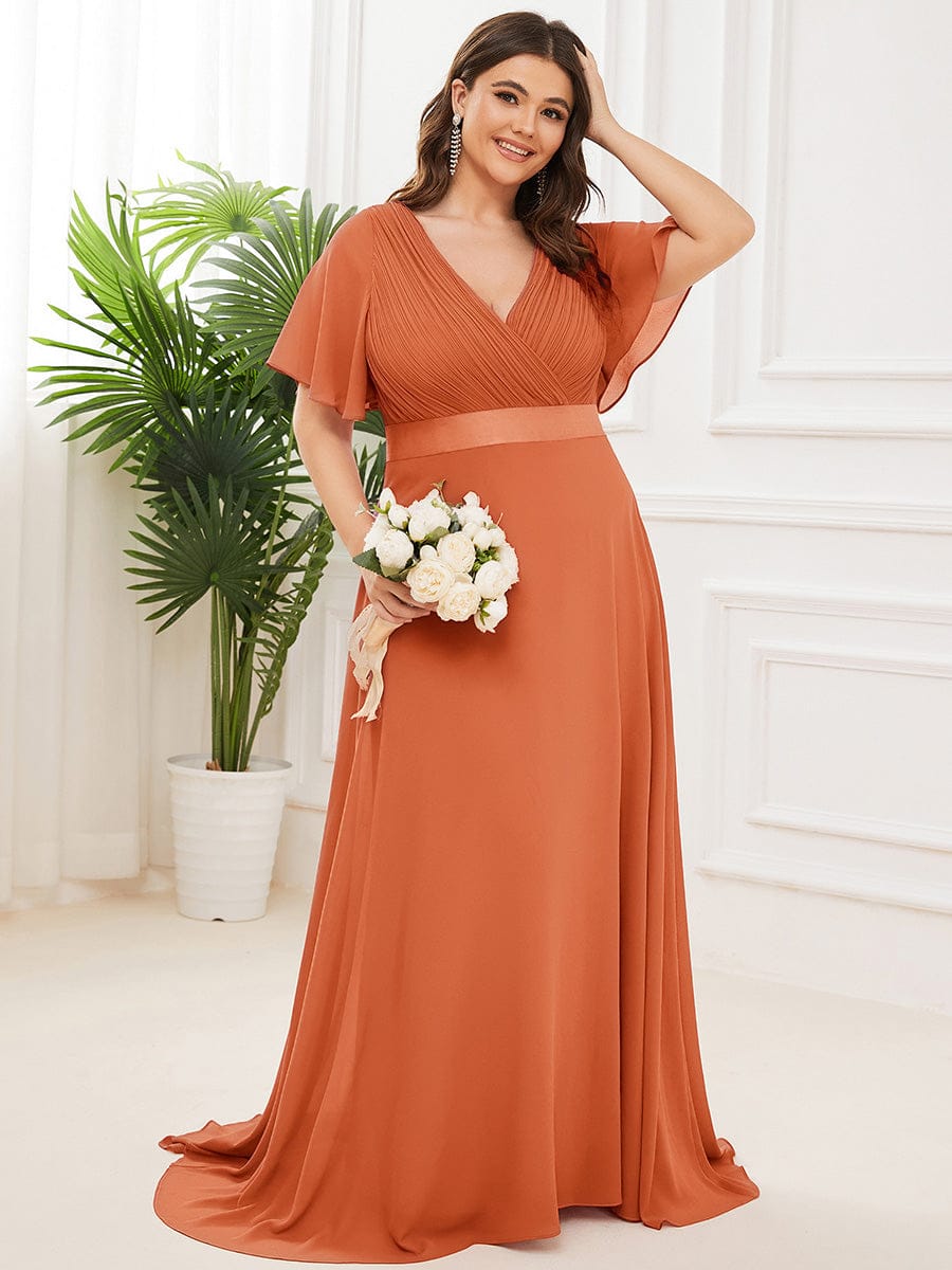 pretty MONICA|Plus Size Empire Waist V Back Bridesmaid Dress with Short Sleeves
